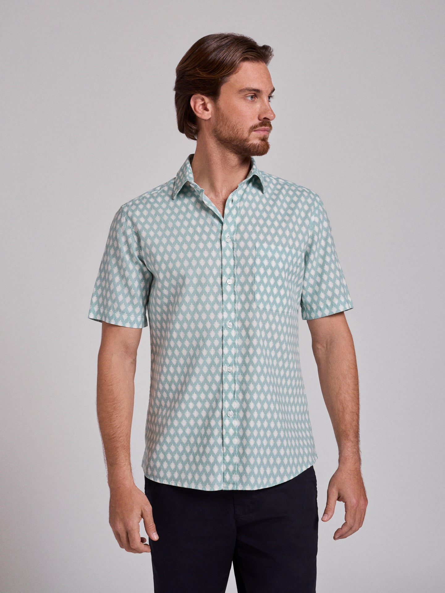 GREEN LINEN SHIRT SHORT SLEEVE REGULAR FIT MR. BLUE