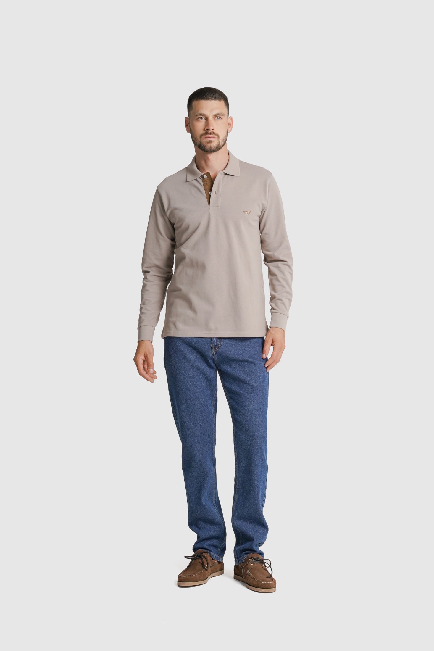 POLO MANGA COMPRIDA ALGODÃO REGULAR FIT CAMEL LISO MR. BLUE