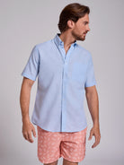 Camisa Linho Azul Manga Curta Regular Fit Mr. Blue