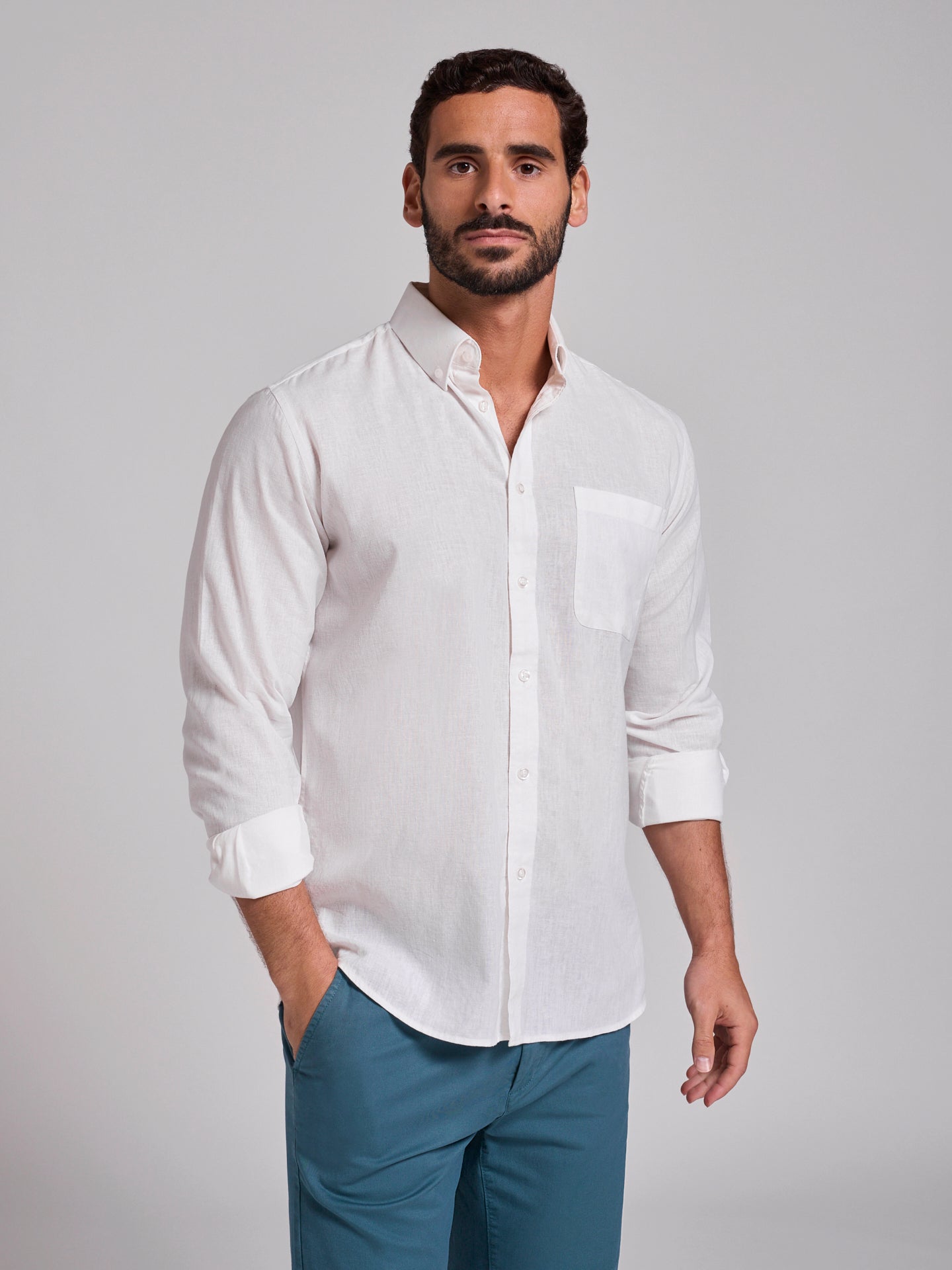 WHITE LINEN SHIRT LONG SLEEVE REGULAR FIT MR. BLUE