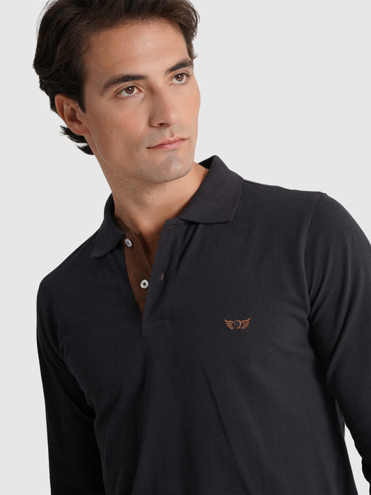 POLO MANGA COMPRIDA ALGODÃO REGULAR FIT AZUL LISO MR. BLUE