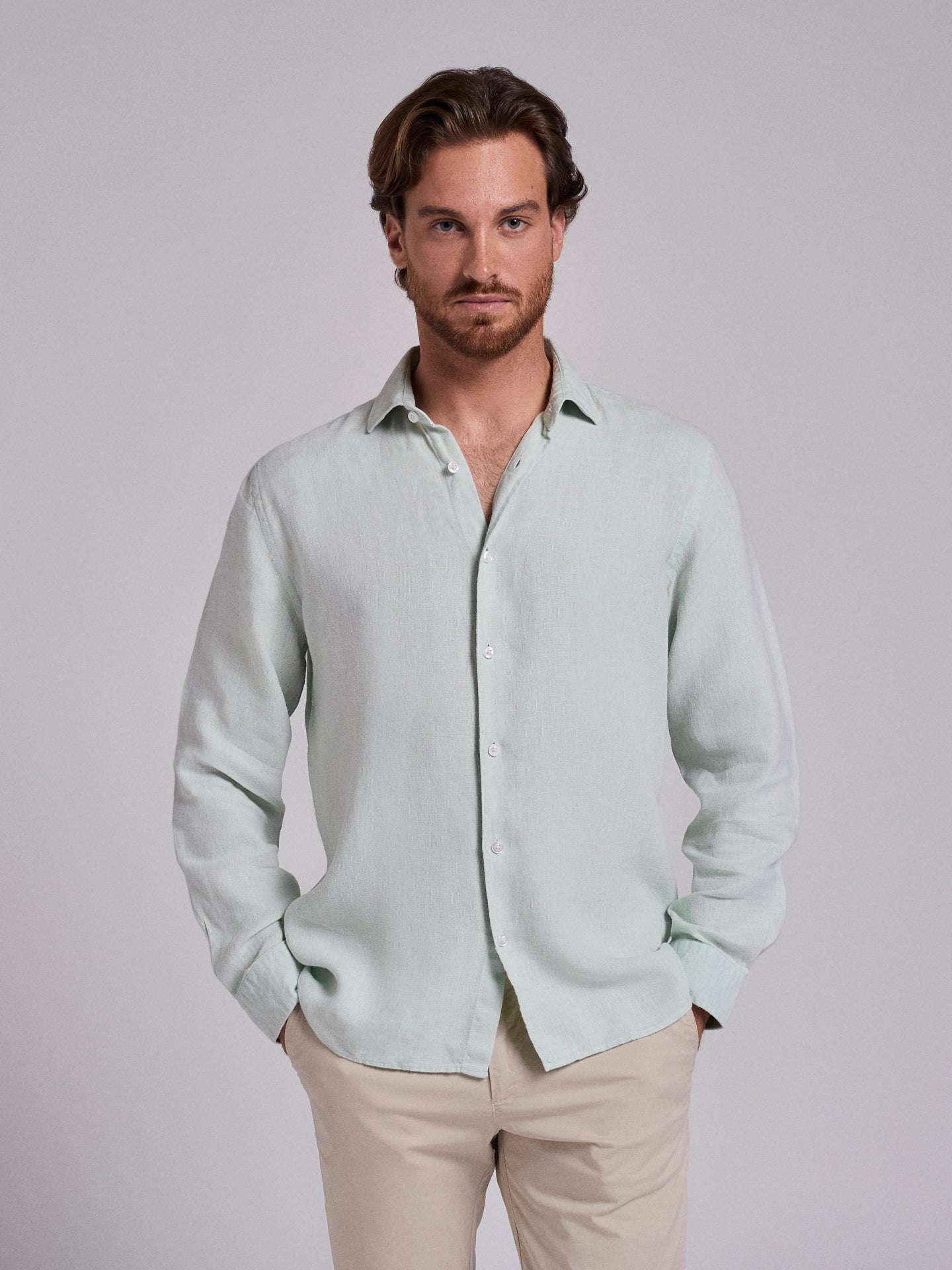 Camisa Linho Verde Manga Comprida Tailored Fit Mr. Blue
