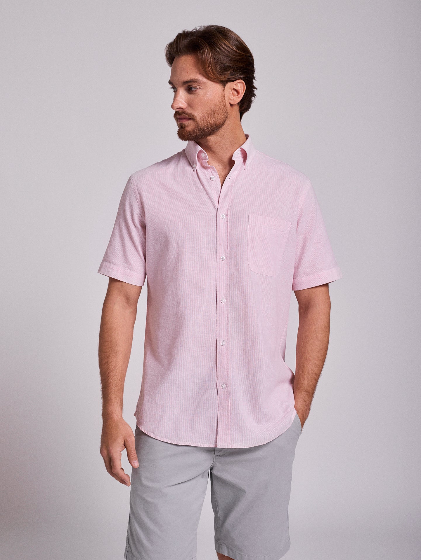 Camisa Linho Rosa Manga Curta Regular Fit Mr. Blue