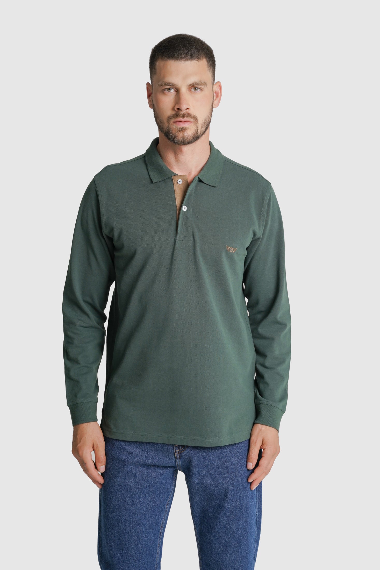 POLO MANGA COMPRIDA ALGODÃO REGULAR FIT VERDE LISO MR. BLUE