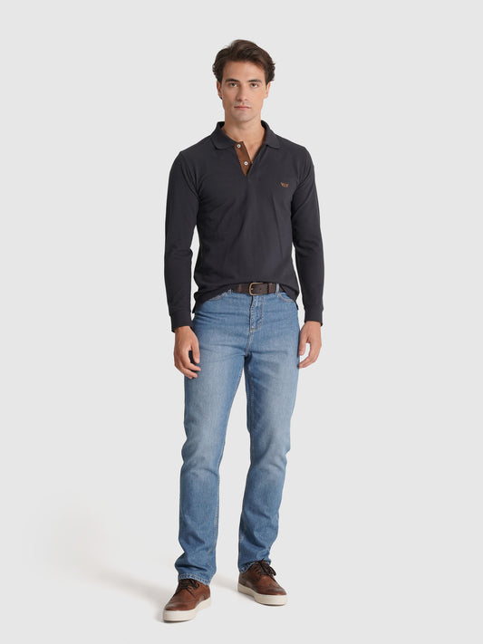POLO MANGA COMPRIDA ALGODÃO REGULAR FIT AZUL LISO MR. BLUE