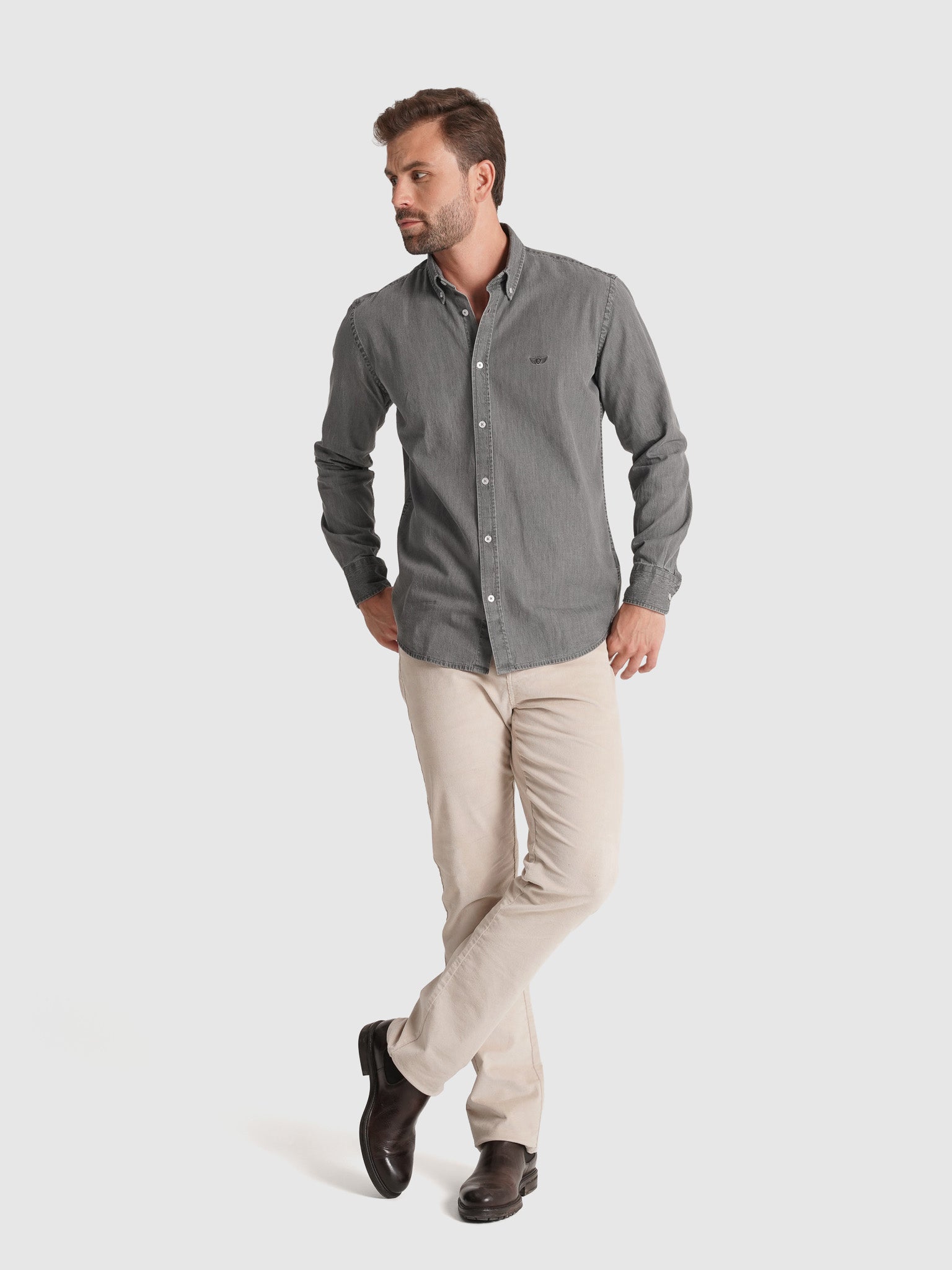 Camisa Algodão Cinzenta Manga Comprida Regular Fit Mr. Blue