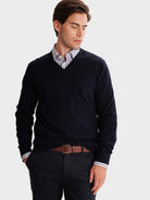 PULLOVER FINO AZUL COM COTOVELEIRA REGULAR FIT MR. BLUE