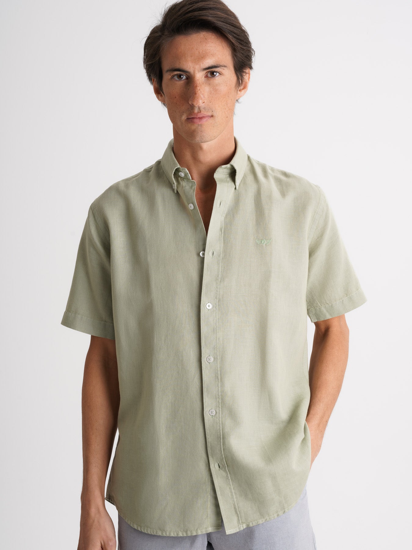 Camisa de corte estándar de lino verde de Mr. Blue